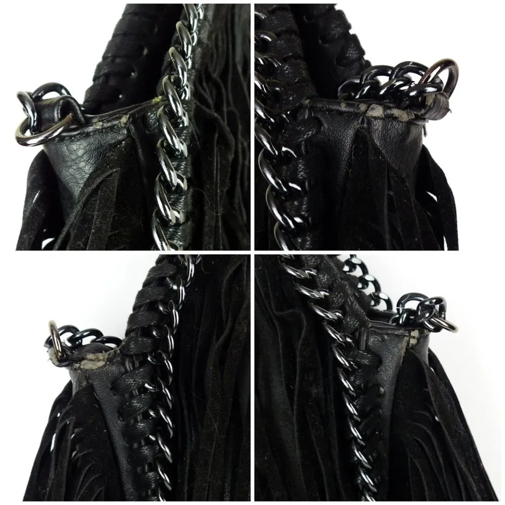 Steve Madden Fringe Chain Satchel Shoulder Bag Black Boho Festival Purse Rock - Picture 5 of 12
